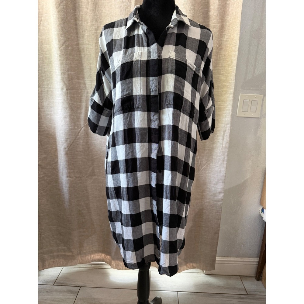 Downeast Womens Buffalo Plaid Button Down Shirt Dress Black White Rayon M